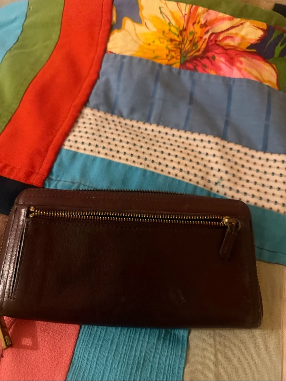 Fossil Brown Leather Zip-Around Wallet with Gold Logo